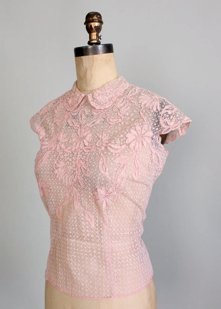 Vintage 1950s Pink Daisies Sheer Blouse