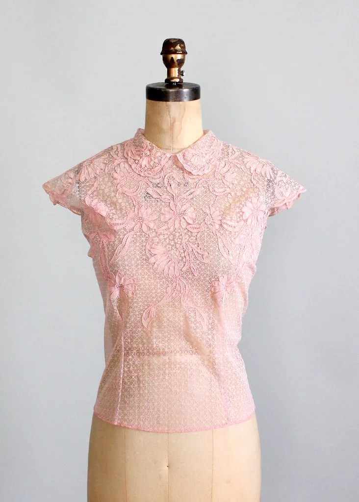 Vintage 1950s Pink Daisies Sheer Blouse