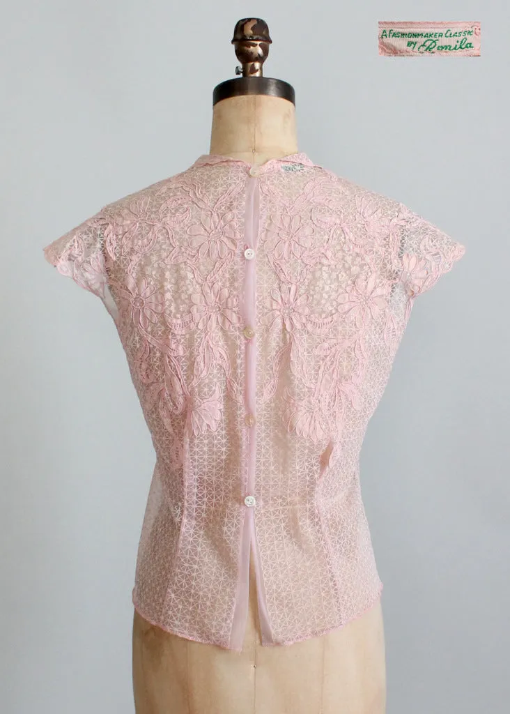 Vintage 1950s Pink Daisies Sheer Blouse