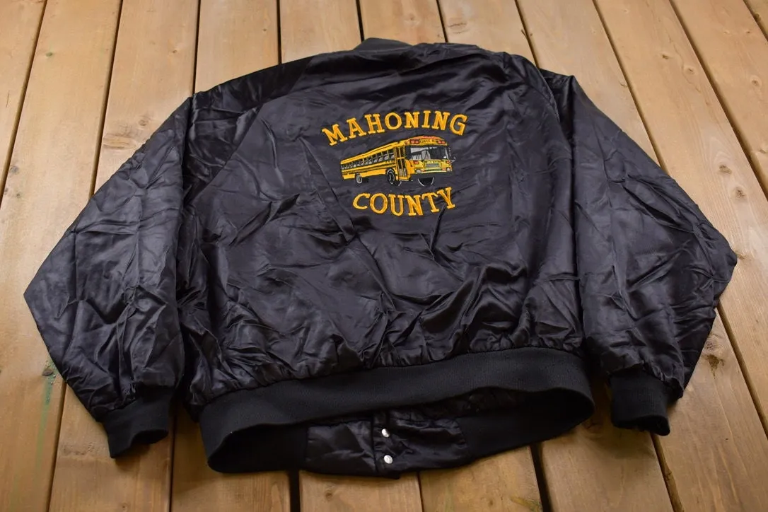 Vintage 1990s Mahoning County Satin School Bus Theme Bomber Jacket