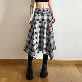 Vintage Fashion Belt Asymmetrical Plaid Skirt Female Harajuku A-Line Stitch Midi Skirt Autumn Elegant Clothes Korean