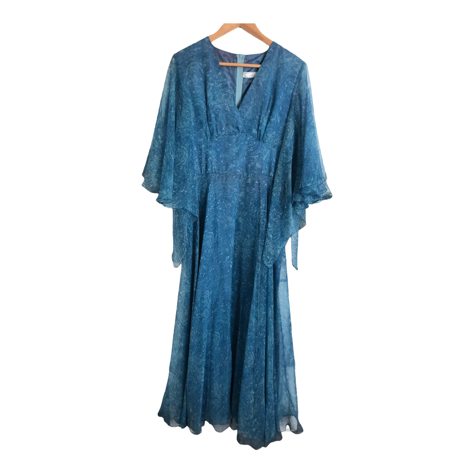 Vintage Vera Mont Polyester Chiffon Long Sleeve Fit & Flare Maxi Dress Light Blue Small Swirl Print UK Size 12-14