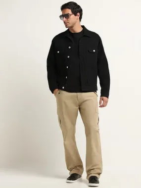 WES Casuals Beige Relaxed Fit Mid Rise Cargo Blended Linen Pants