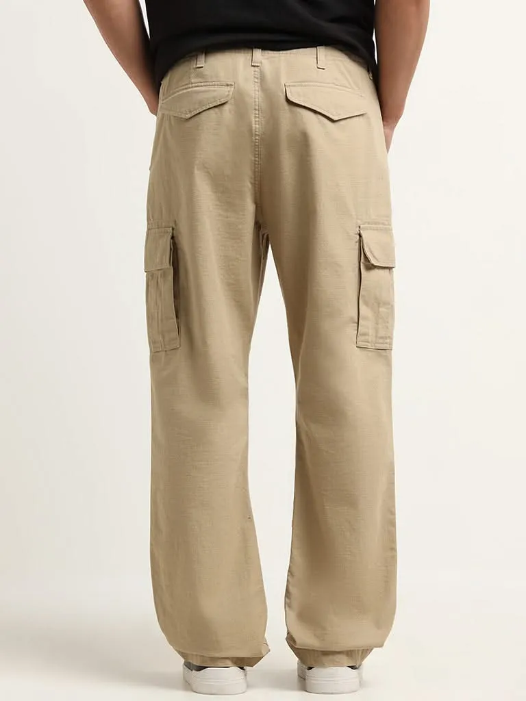 WES Casuals Beige Relaxed Fit Mid Rise Cargo Blended Linen Pants