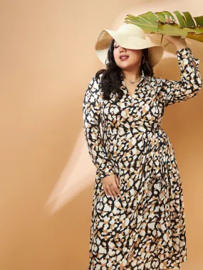 Women Black & Beige Printed Wrap Dress