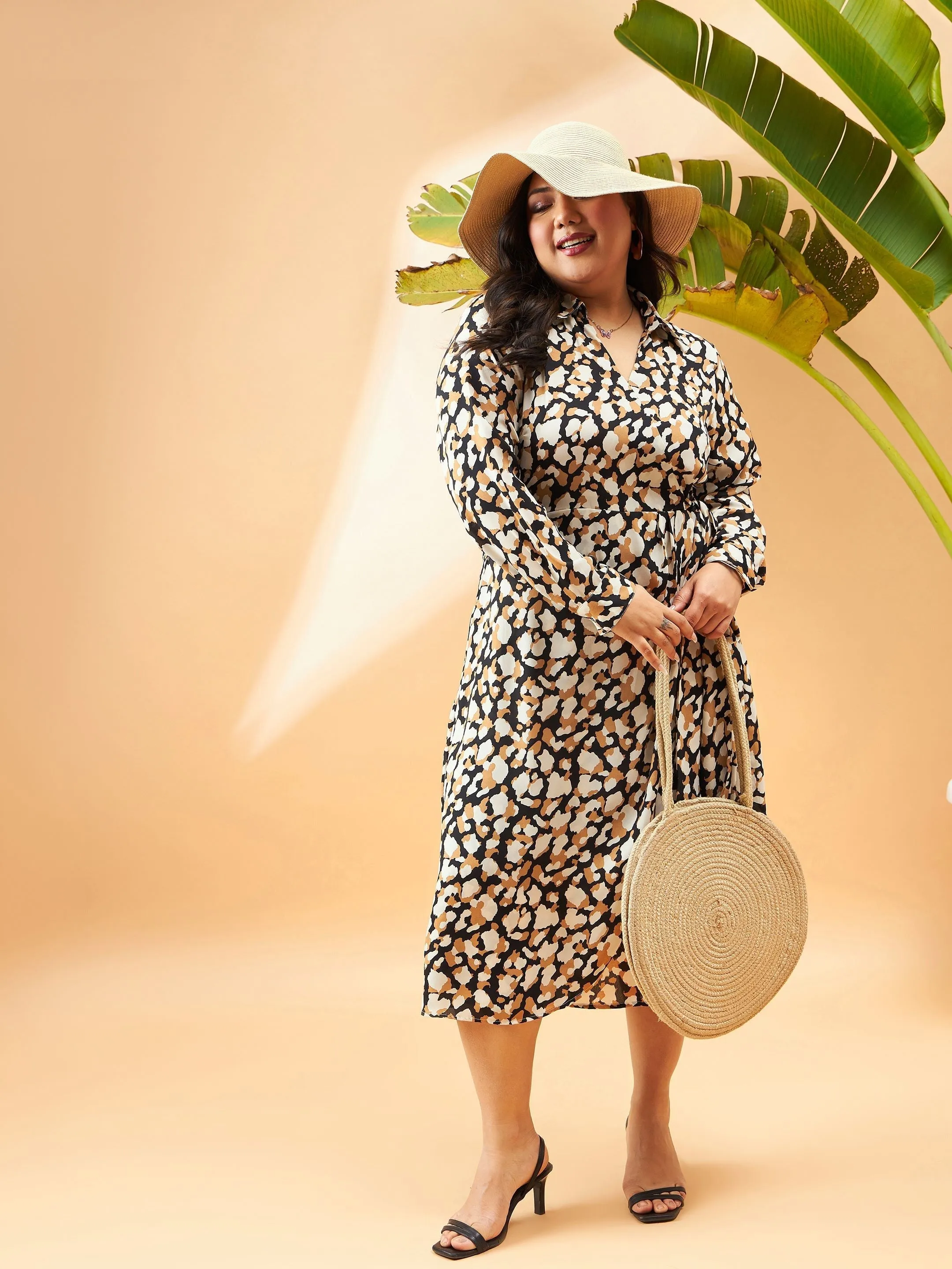 Women Black & Beige Printed Wrap Dress