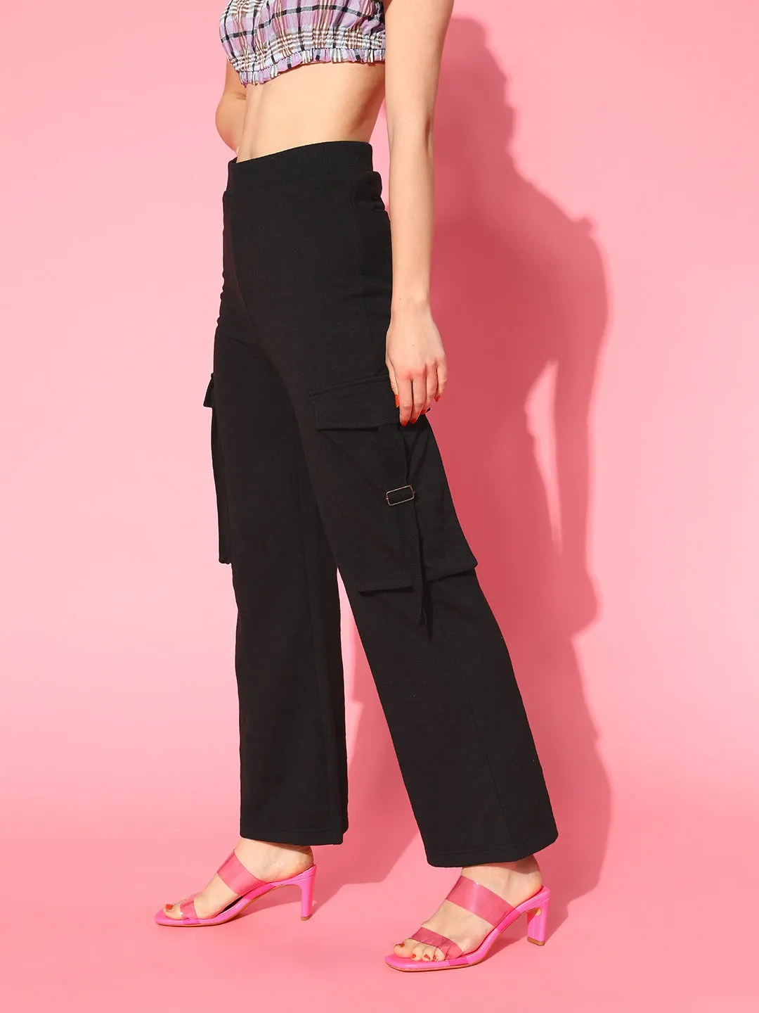 Women Black Big Pockets Straight Pants