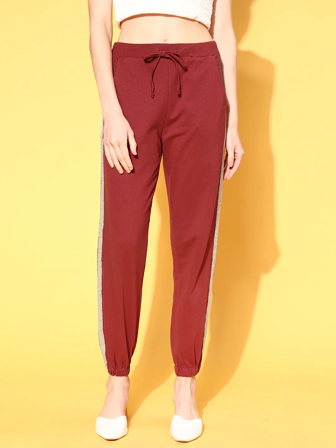 Women Maroon Double Side Tape Joggers