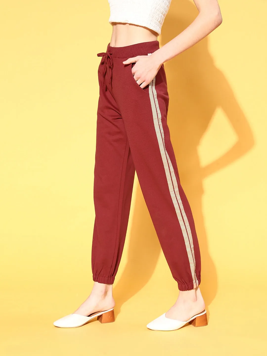 Women Maroon Double Side Tape Joggers