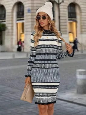 Women Striped Long Sleeve Fitted Sweater Dress