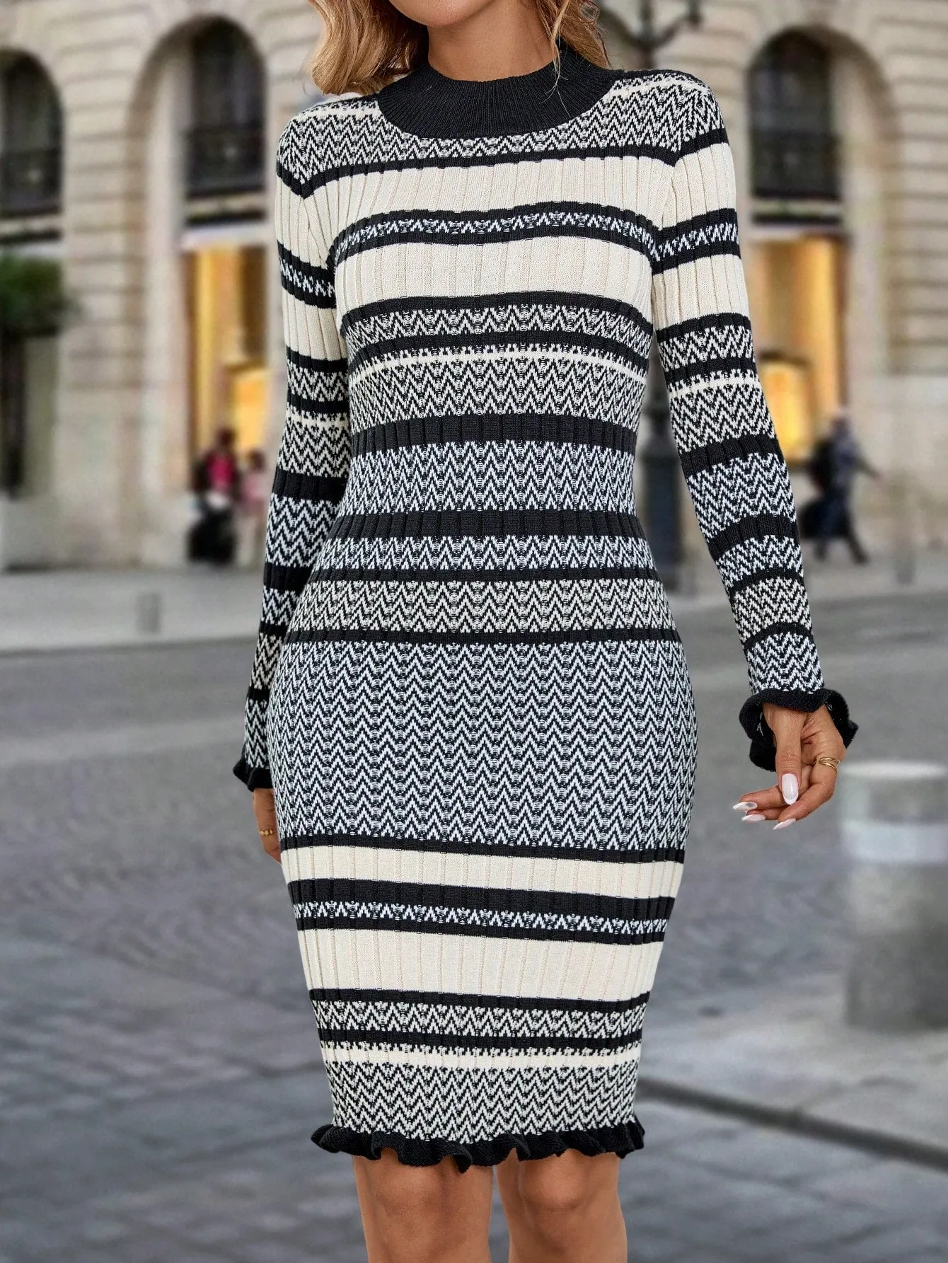 Women Striped Long Sleeve Fitted Sweater Dress