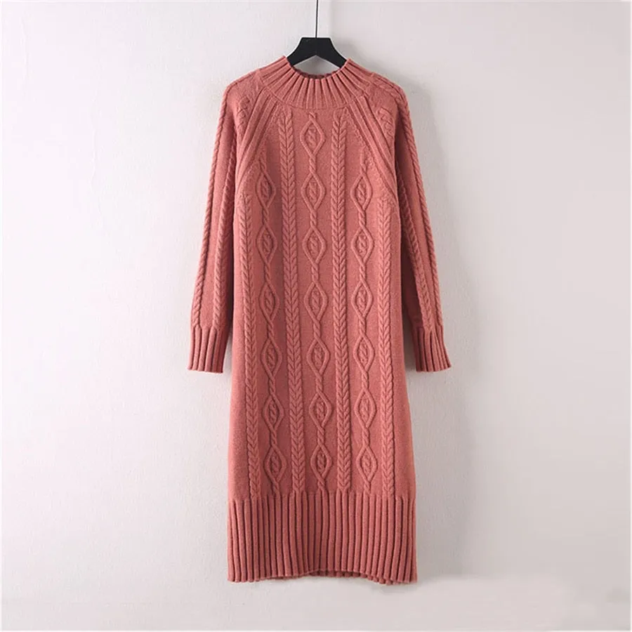 Women Winter Plus Velvet Sweater Dress Fall Mock Neck Rib Knit Bottoming Dress - WD8137