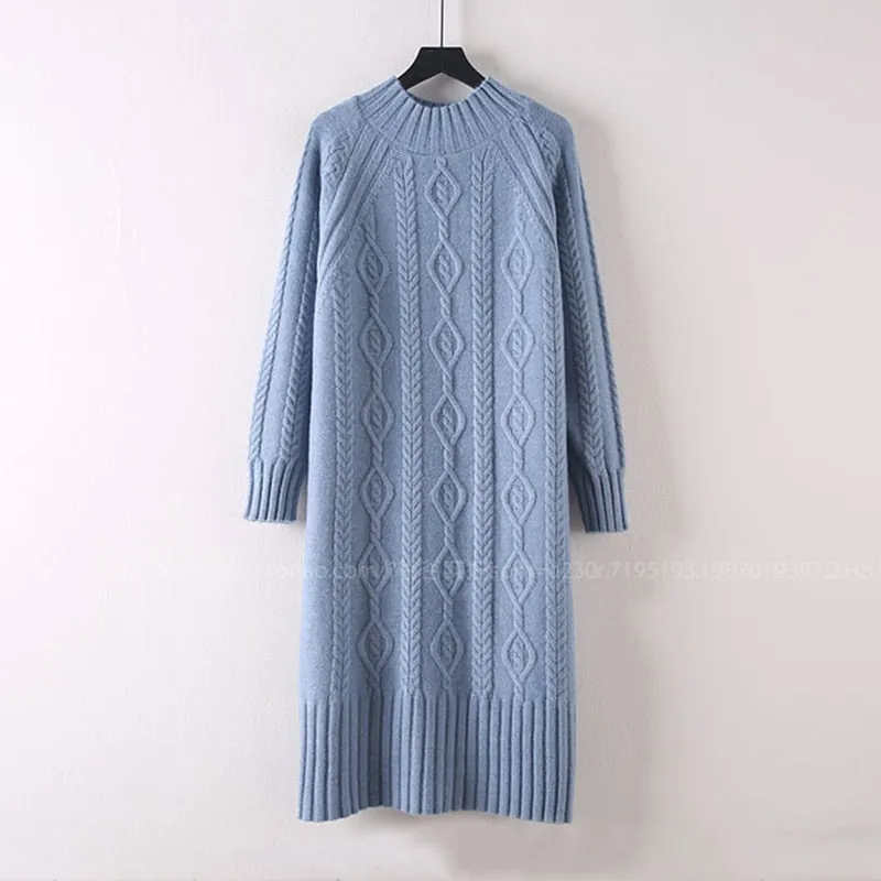 Women Winter Plus Velvet Sweater Dress Fall Mock Neck Rib Knit Bottoming Dress - WD8137