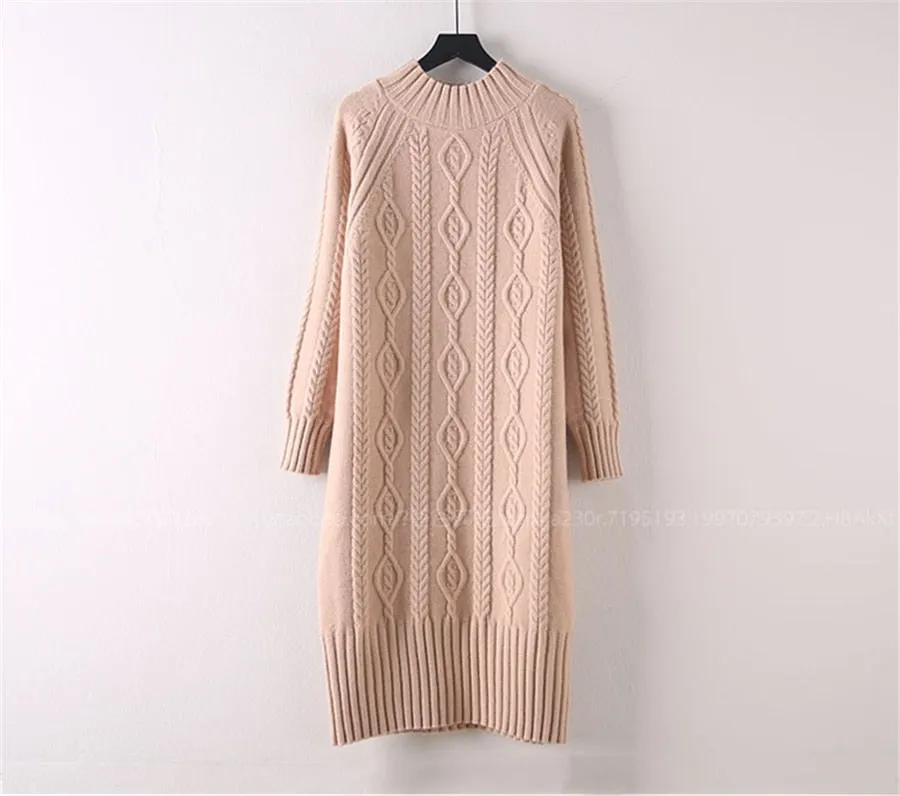 Women Winter Plus Velvet Sweater Dress Fall Mock Neck Rib Knit Bottoming Dress - WD8137