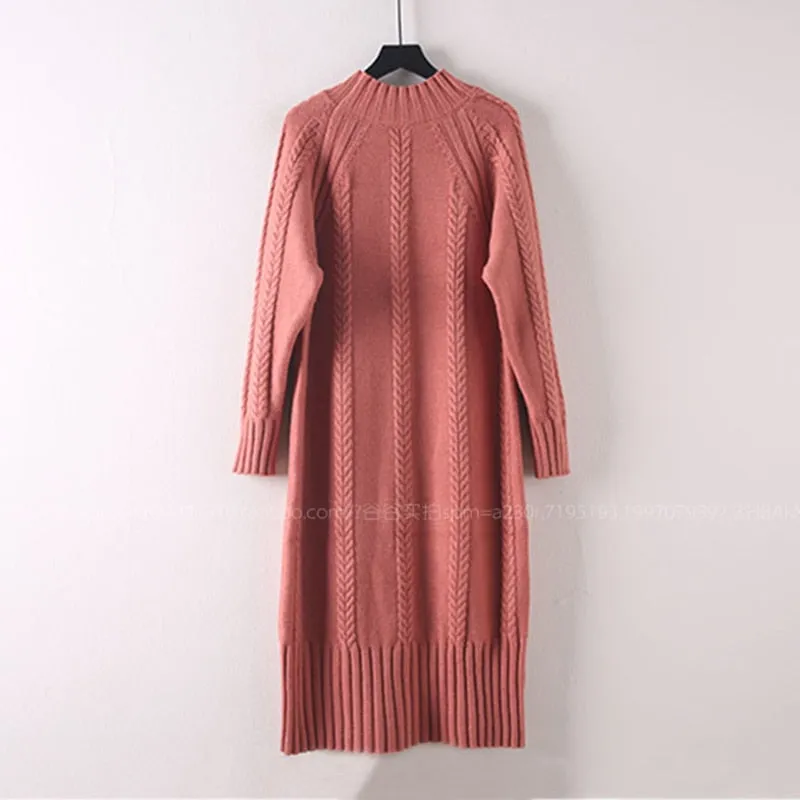 Women Winter Plus Velvet Sweater Dress Fall Mock Neck Rib Knit Bottoming Dress - WD8137