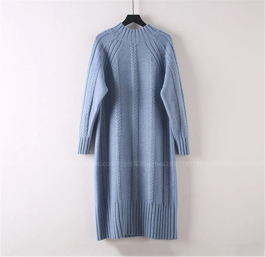 Women Winter Plus Velvet Sweater Dress Fall Mock Neck Rib Knit Bottoming Dress - WD8137