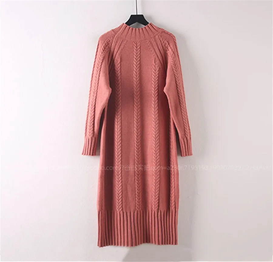 Women Winter Plus Velvet Sweater Dress Fall Mock Neck Rib Knit Bottoming Dress - WD8137