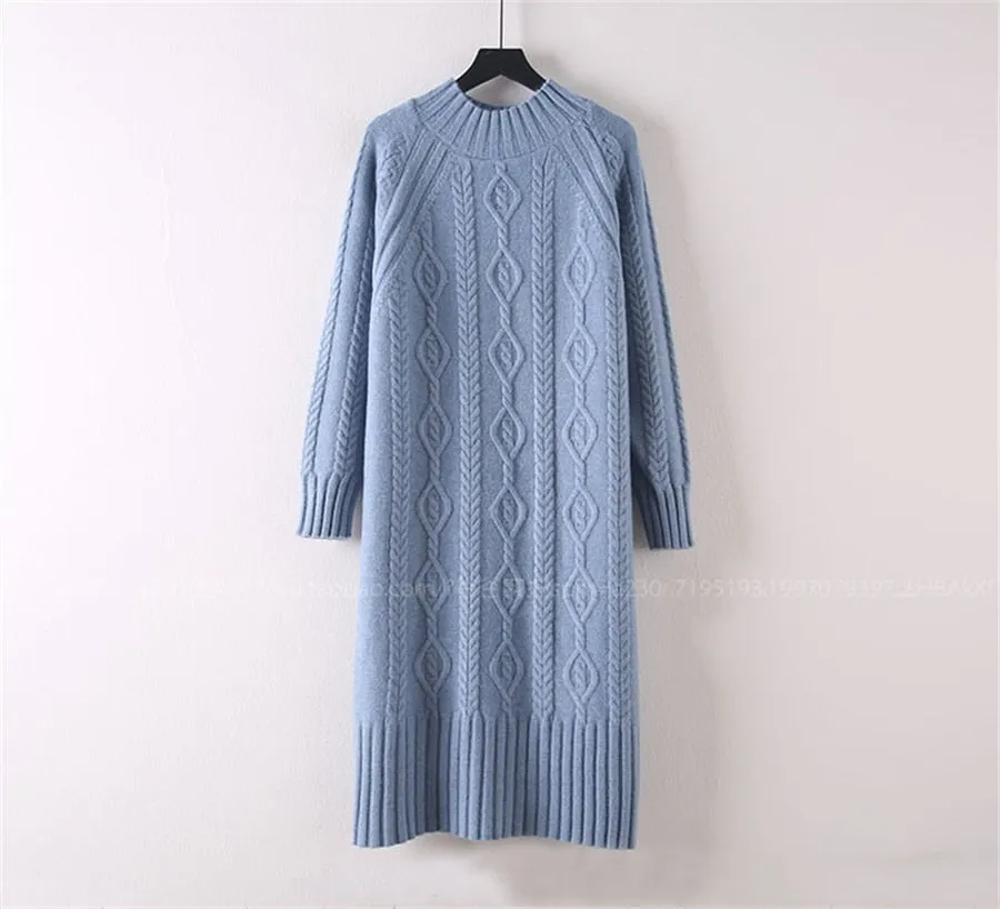 Women Winter Plus Velvet Sweater Dress Fall Mock Neck Rib Knit Bottoming Dress - WD8137