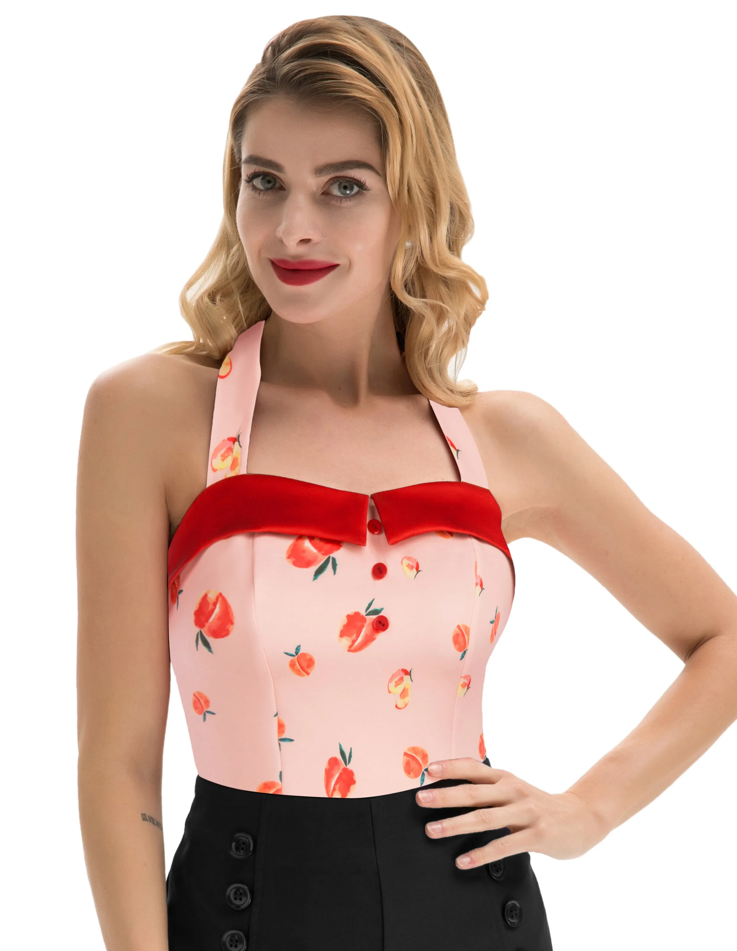 Women's Cherries Pattern Sleeveless Adjustable Strappy Tank Top 1950s Pin Up Style