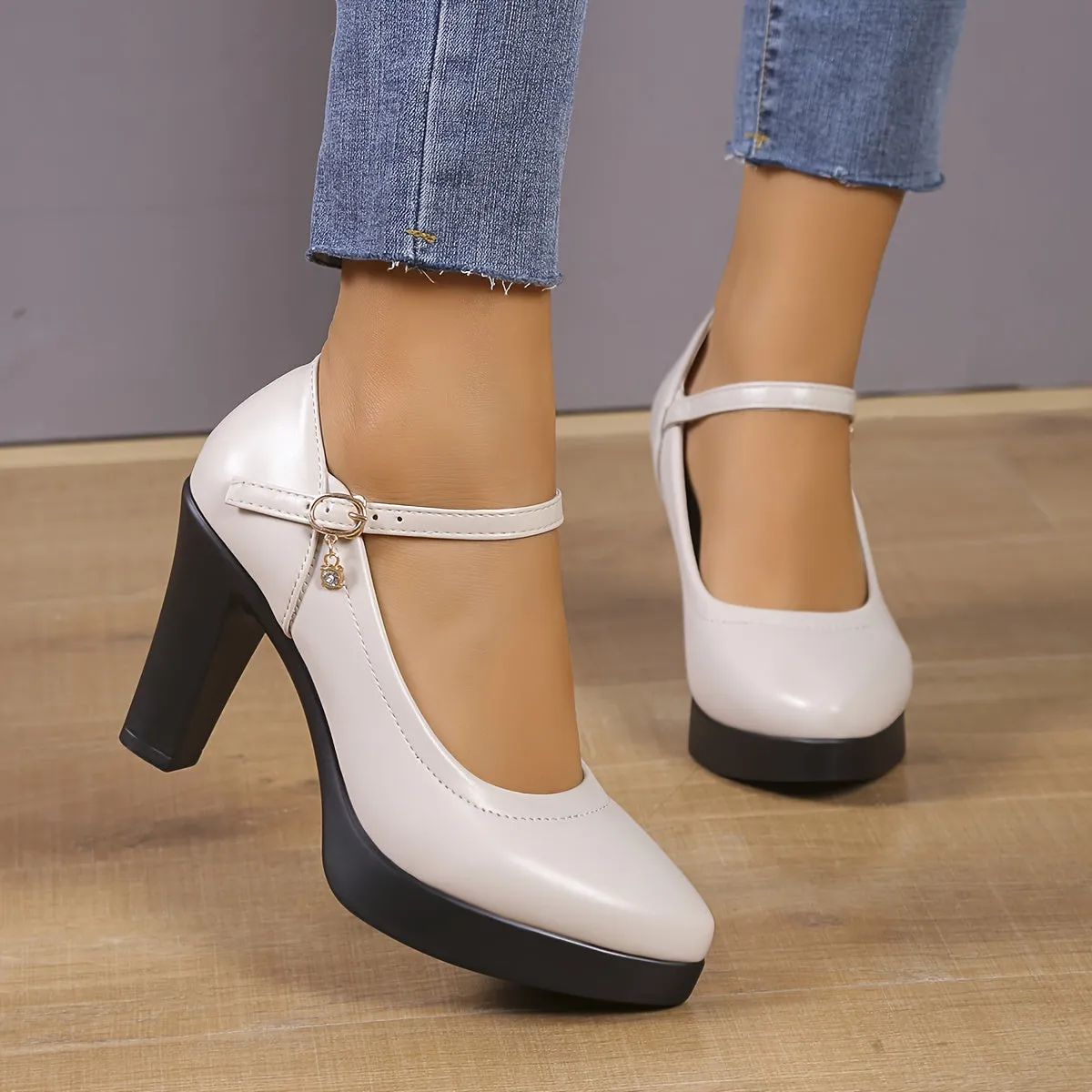 Women's Chunky High Heels, Faux Leather Pointed Toe Ankle Strap Mary Jane Heels, All-Match Dress Shoes