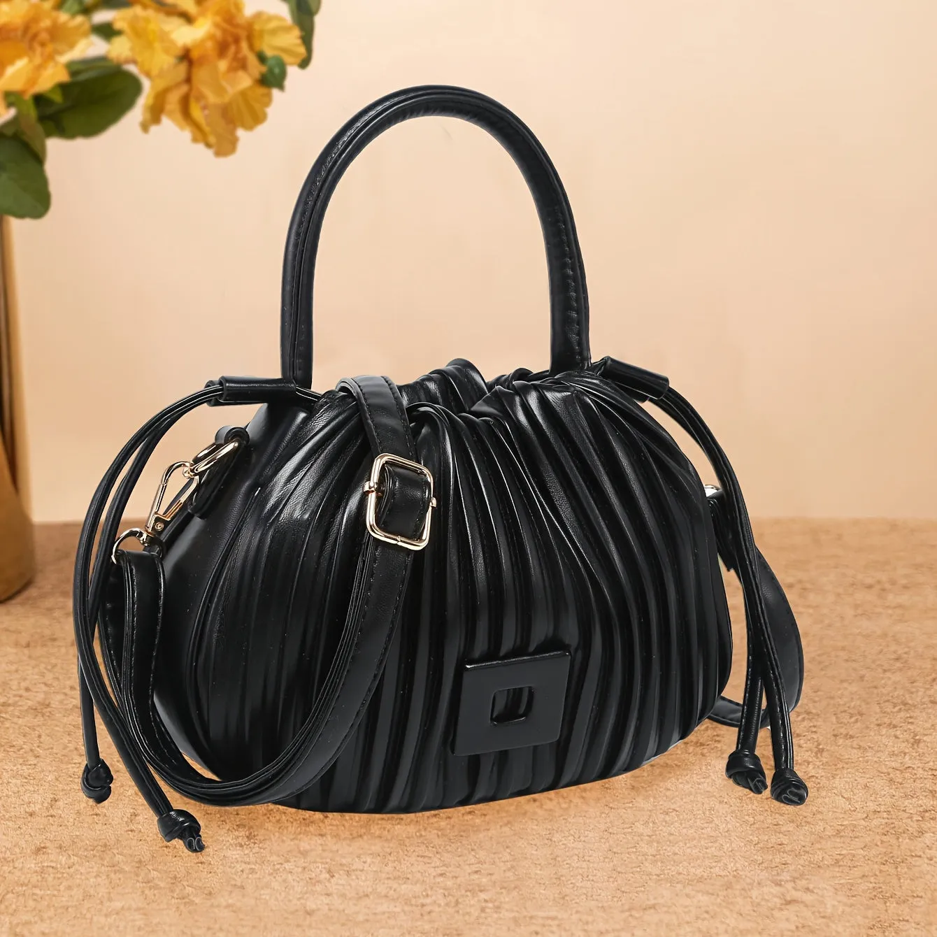 Women's Pleated Handbag - Detachable Shoulder Strap, Drawstring Bucket Design, Perfect for Parties, Travel, Shopping, and Dates