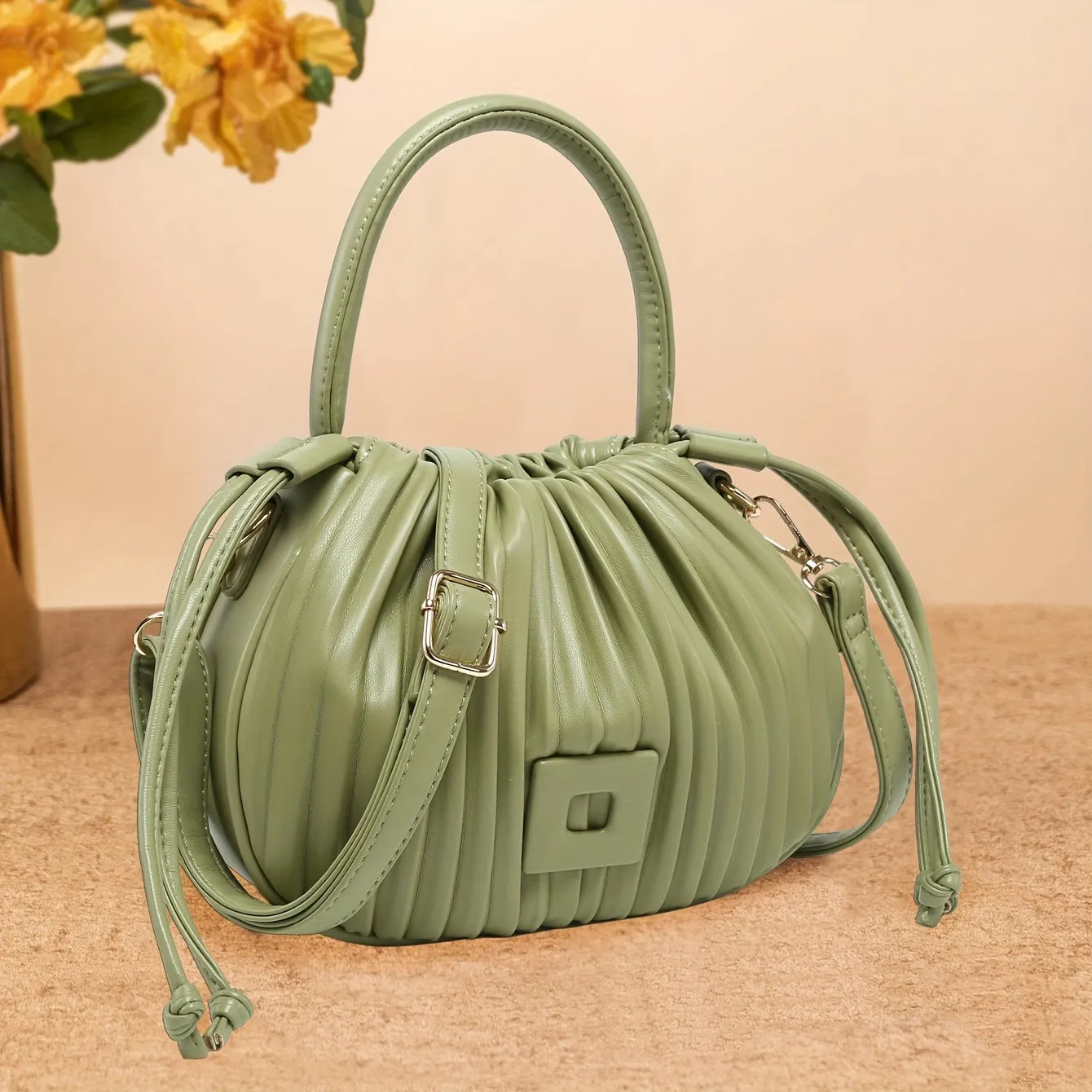 Women's Pleated Handbag - Detachable Shoulder Strap, Drawstring Bucket Design, Perfect for Parties, Travel, Shopping, and Dates