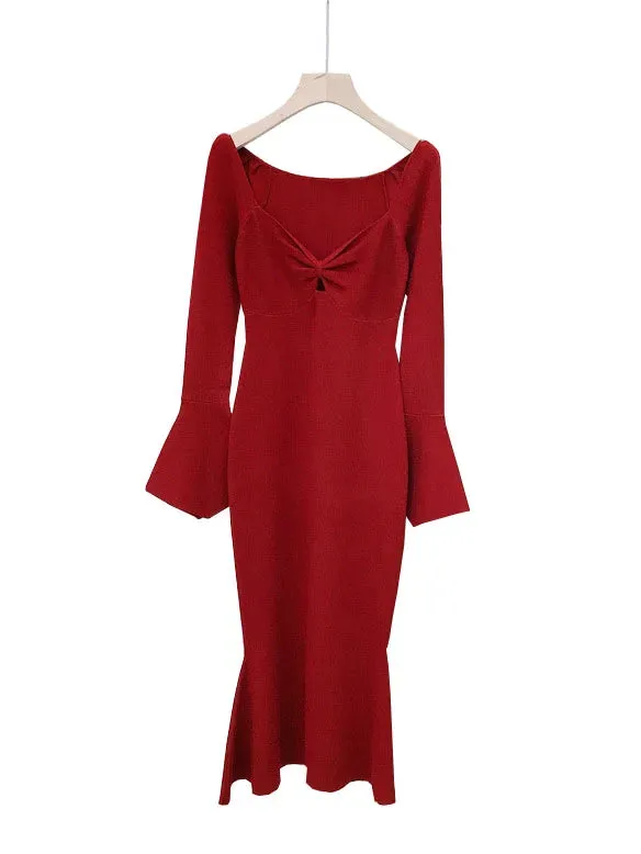 Women's Red Black Backless Knit Midi Dress Bow Hollow Out Sexy Ladies Flared Sleeve Fashion Long Sweater Robes Dresses C-250