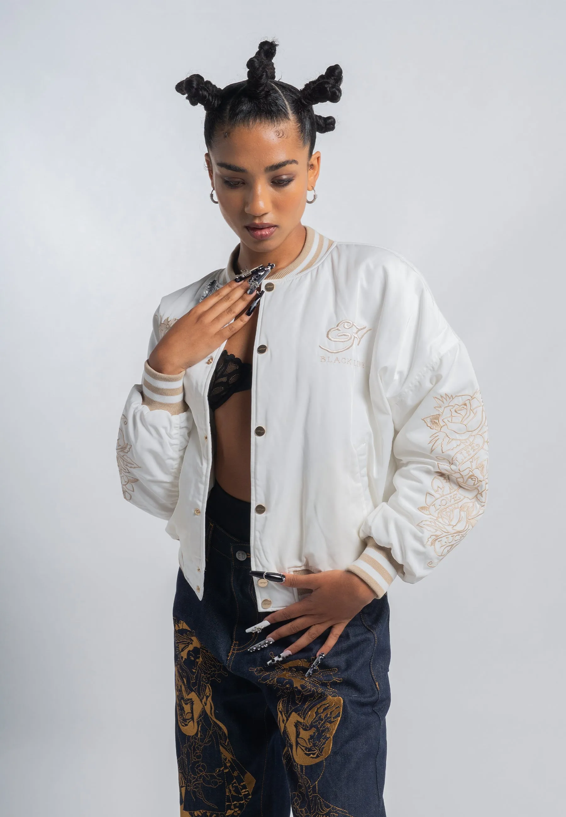 Womens Vintage-Dragon Varsity Bomber Jacket - White