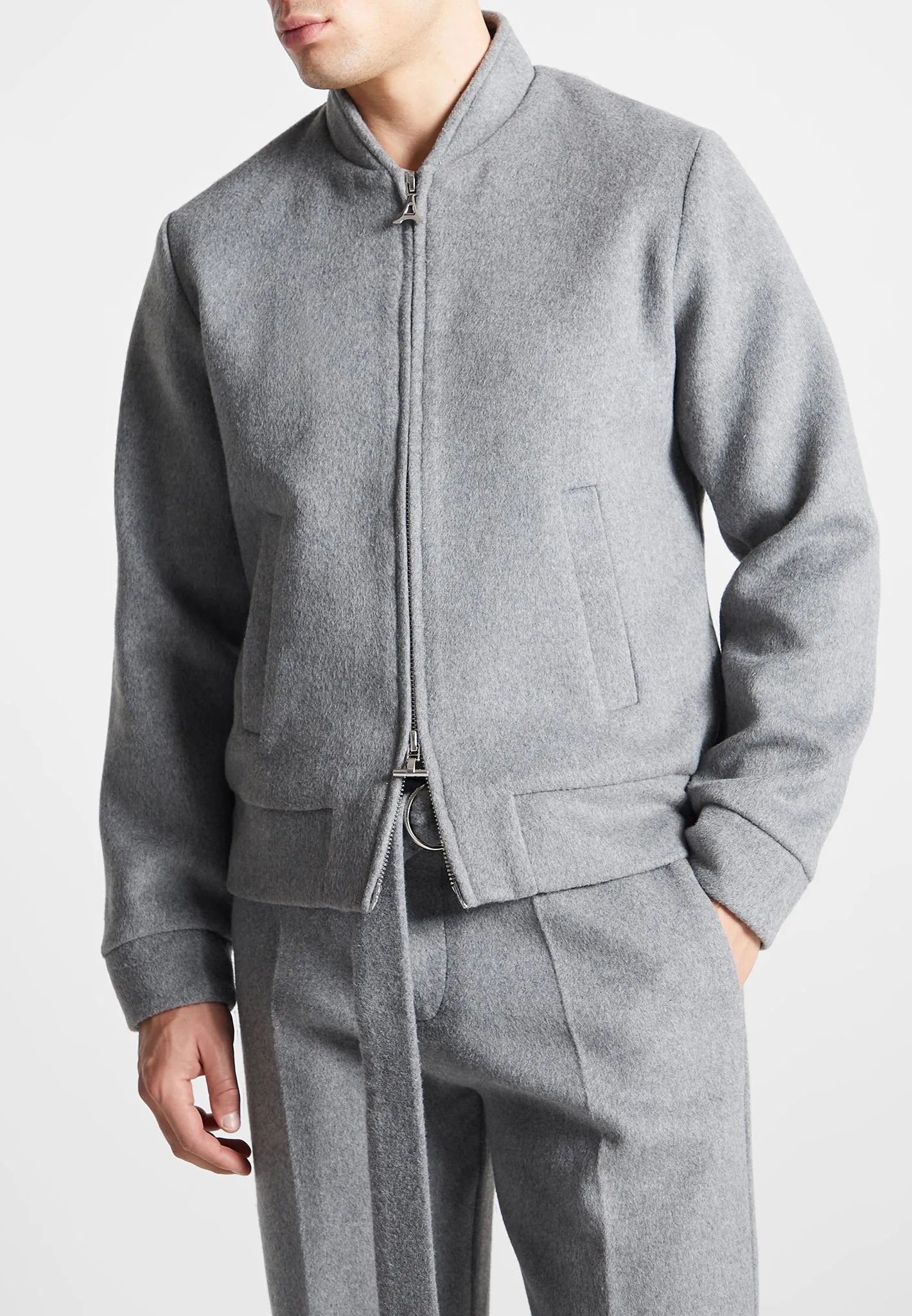 Wool Blend Marl Bomber Jacket - Light Grey