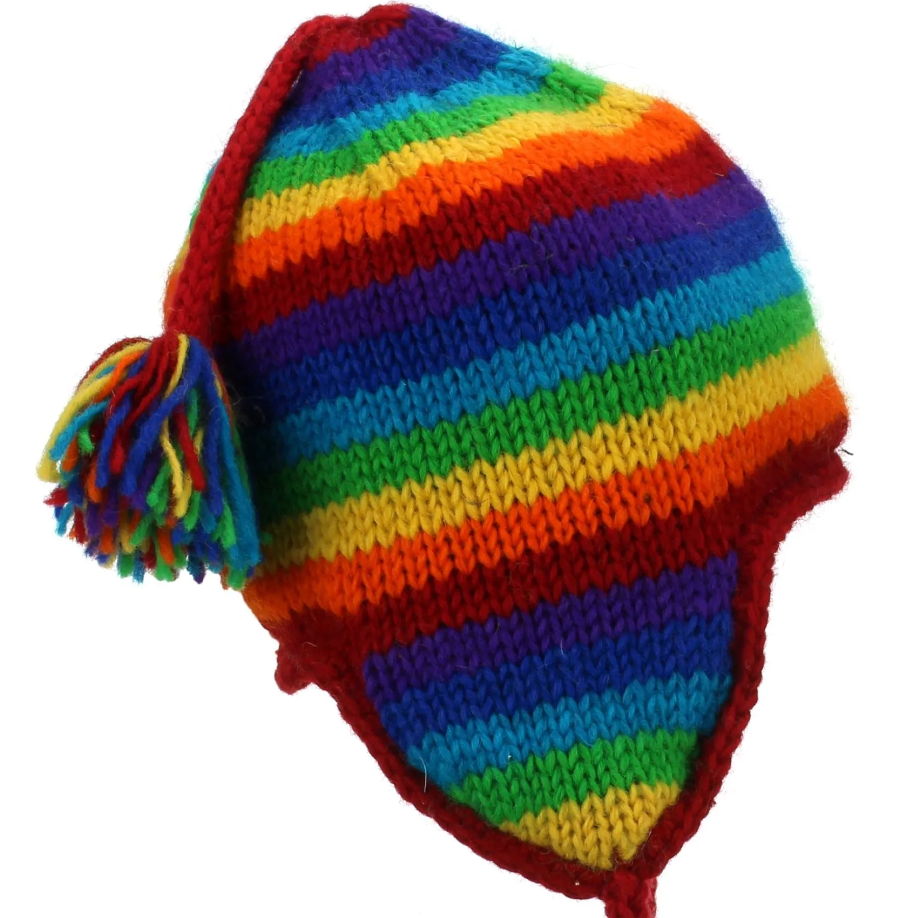 Wool Knit Earflap Tassel Hat - Stripe Rainbow