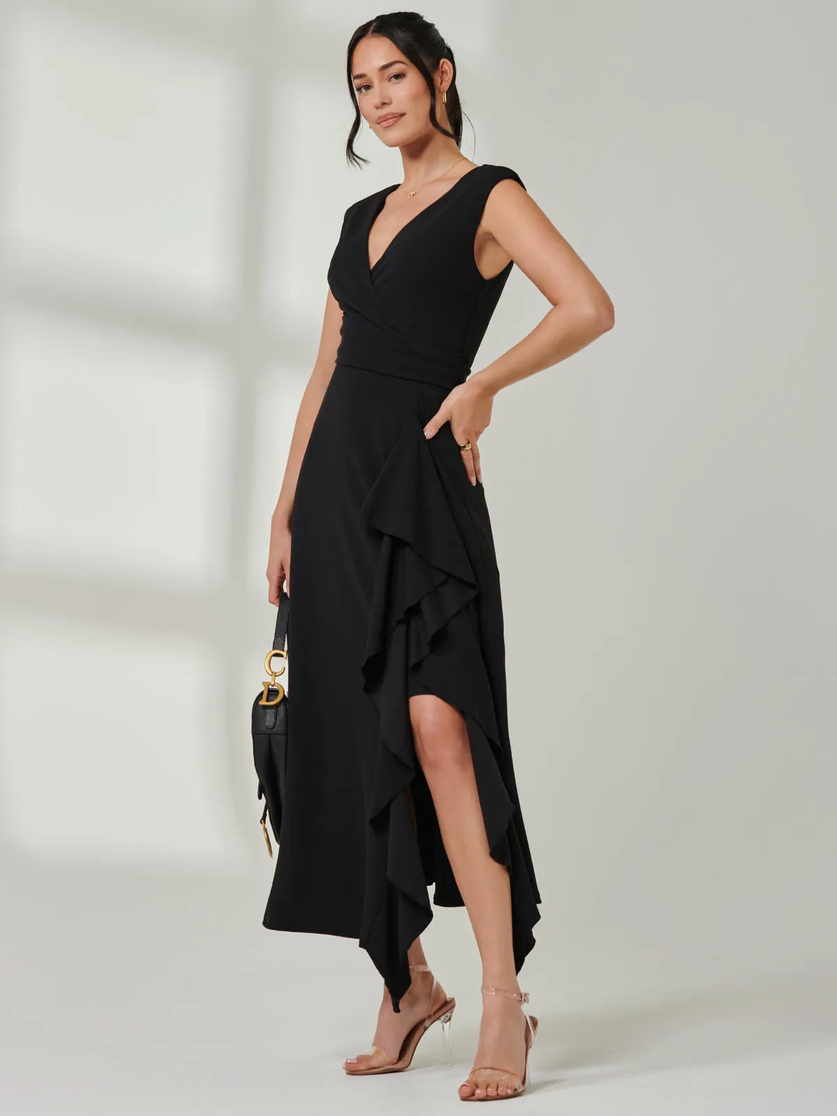 Wrap Front Frill Detail Maxi Dress, Black