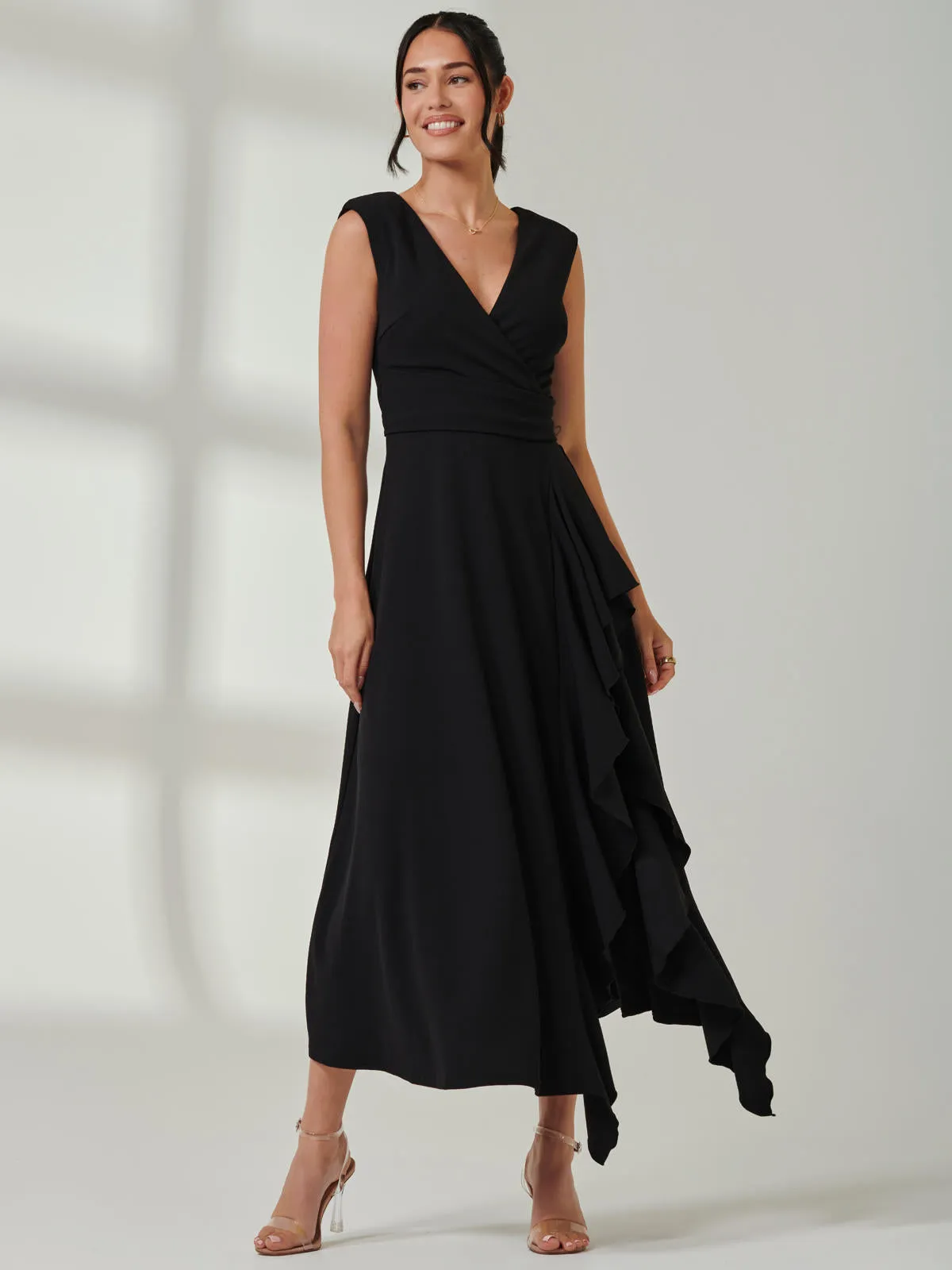 Wrap Front Frill Detail Maxi Dress, Black