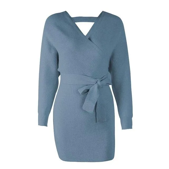 Wrap High Waist V-Neck Belt Knitted Office Mini Sweater Dress