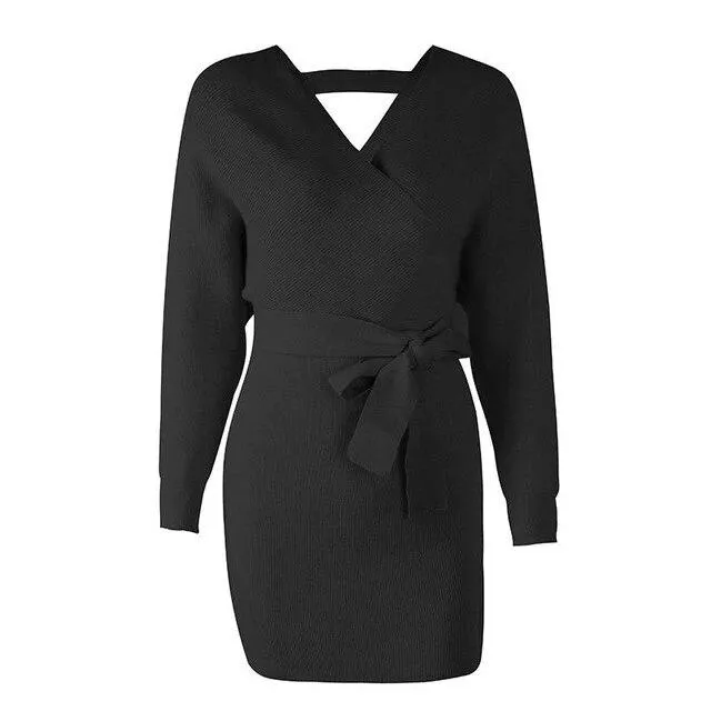 Wrap High Waist V-Neck Belt Knitted Office Mini Sweater Dress