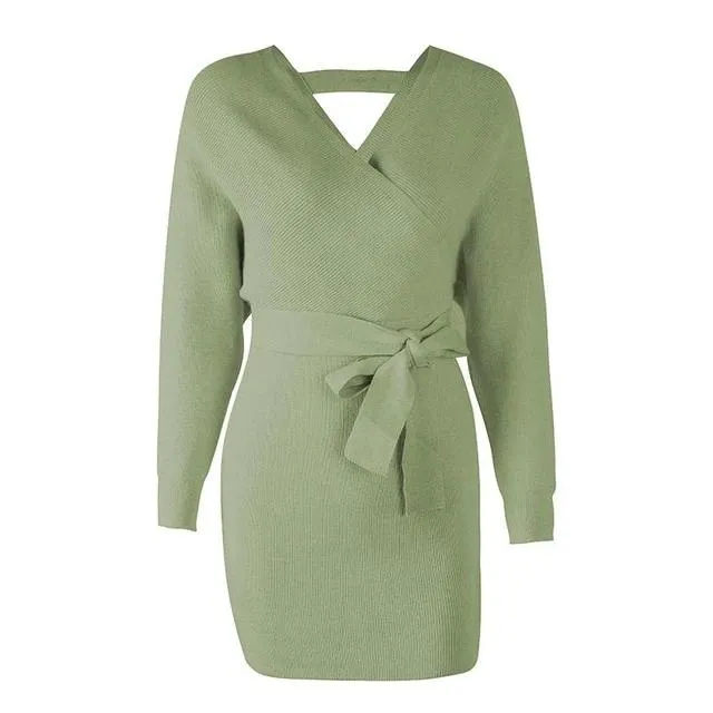 Wrap High Waist V-Neck Belt Knitted Office Mini Sweater Dress