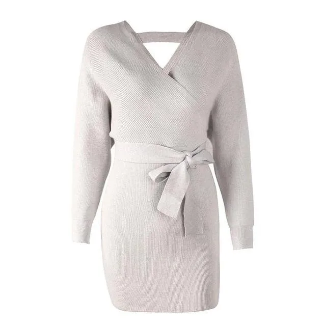 Wrap High Waist V-Neck Belt Knitted Office Mini Sweater Dress