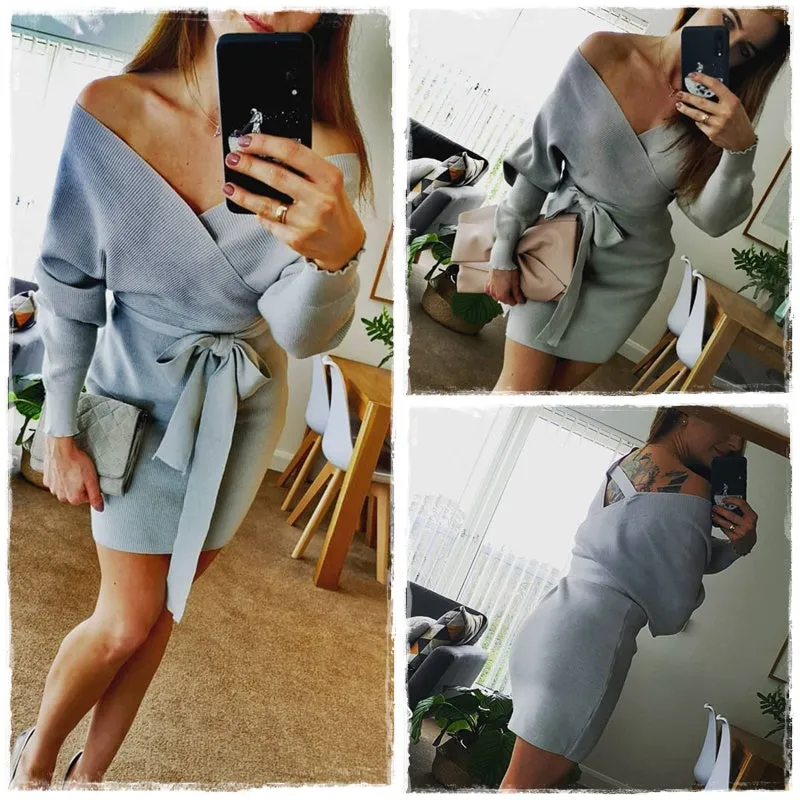 Wrap High Waist V-Neck Belt Knitted Office Mini Sweater Dress