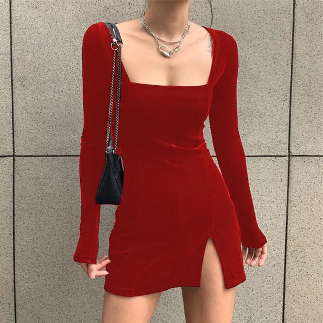 Yeknu Vintage Velvet Long Sleeve Split Mini Dress Female Korean Spring Fall Velour Purple Red Black Short Vestidos Streetwear Clothes