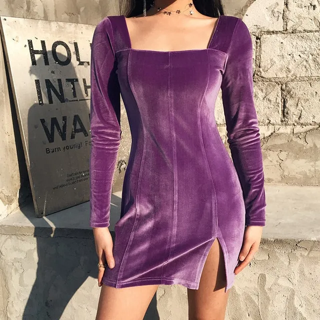 Yeknu Vintage Velvet Long Sleeve Split Mini Dress Female Korean Spring Fall Velour Purple Red Black Short Vestidos Streetwear Clothes