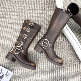 Yi Mengling Same Style Brush Color Genuine Leather Knee-High Boots  New Square Head Sleeve Motorcycle Retro Western Cowboy Boot Fashion