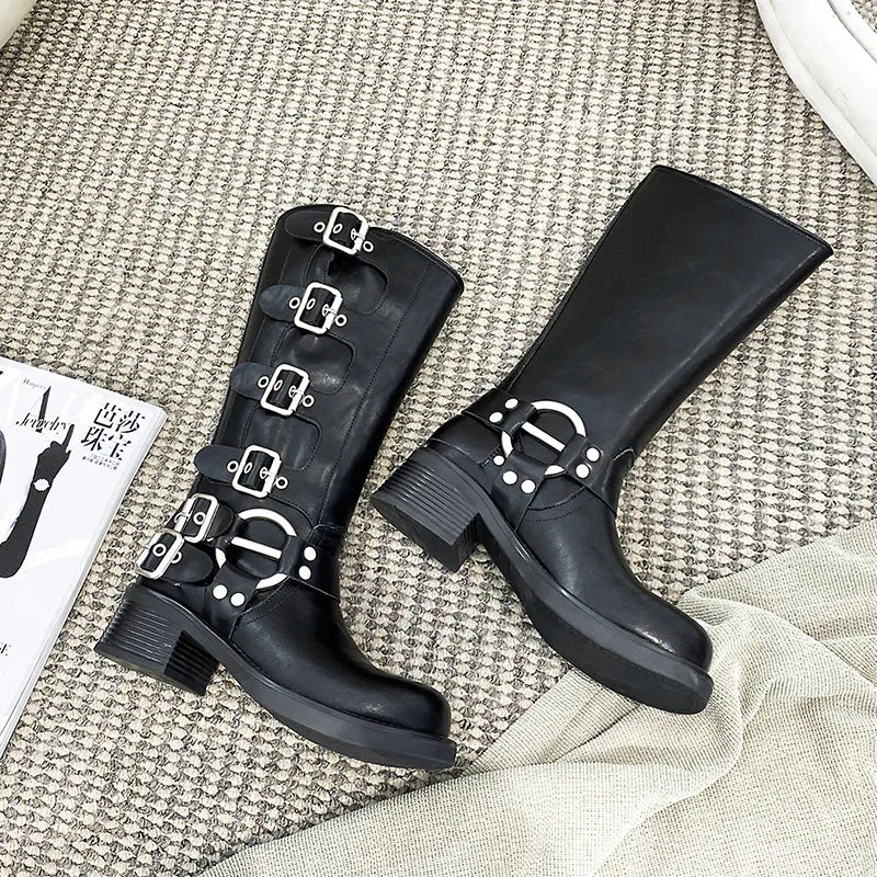 Yi Mengling Same Style Brush Color Genuine Leather Knee-High Boots  New Square Head Sleeve Motorcycle Retro Western Cowboy Boot Fashion