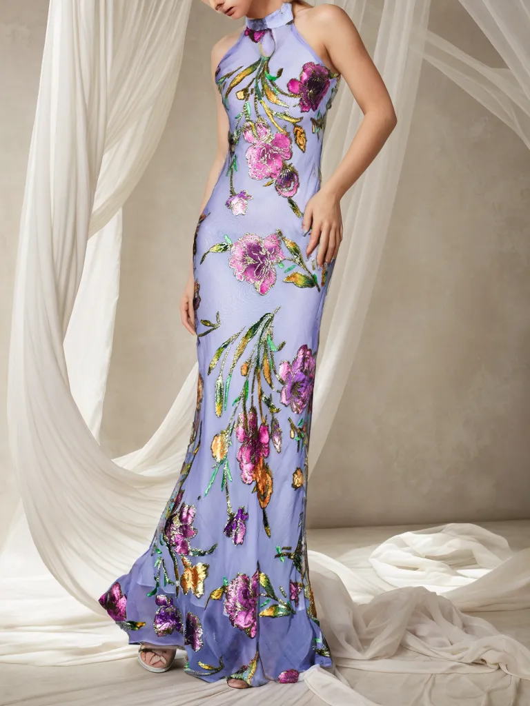 YuYue Hand-Painted Three-Dimensional Floral Silk Velvet Purple Vintage Bias-Cut Evening Dress