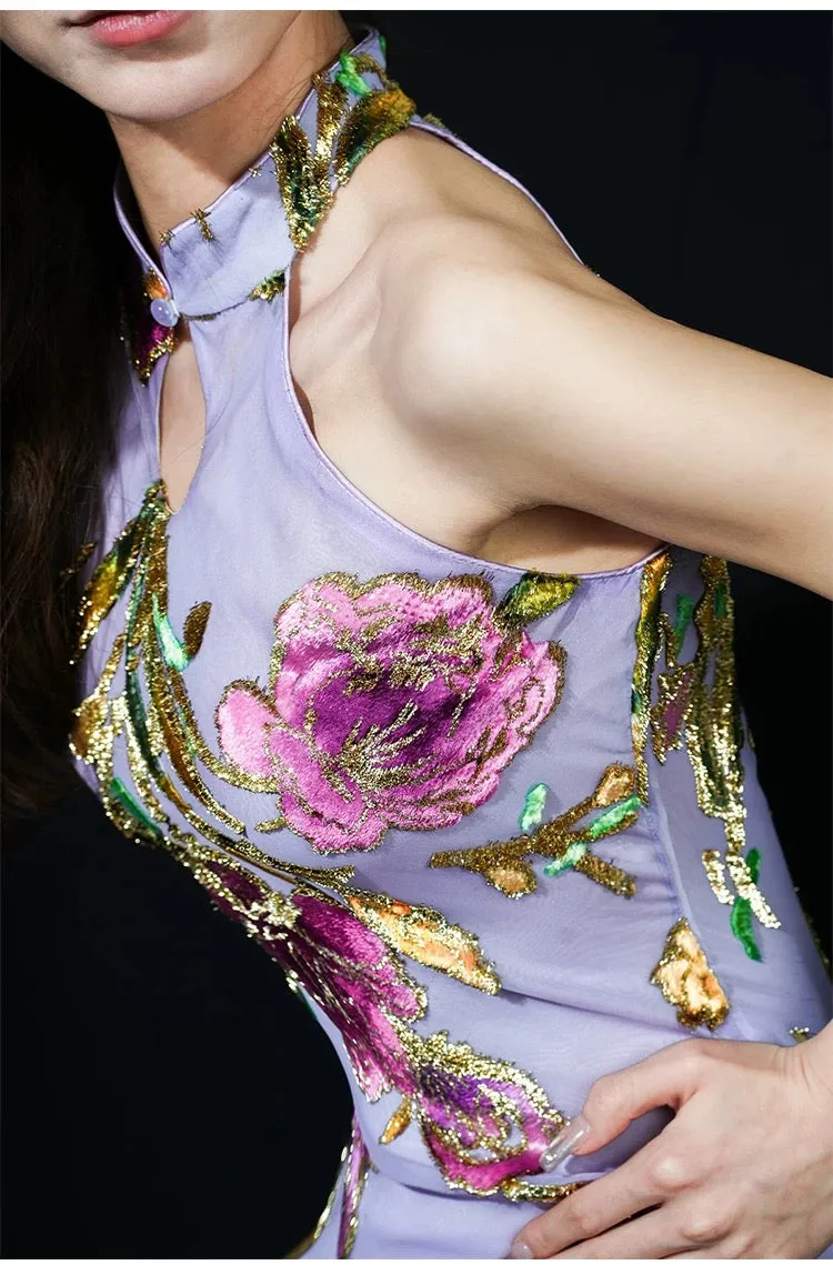 YuYue Hand-Painted Three-Dimensional Floral Silk Velvet Purple Vintage Bias-Cut Evening Dress