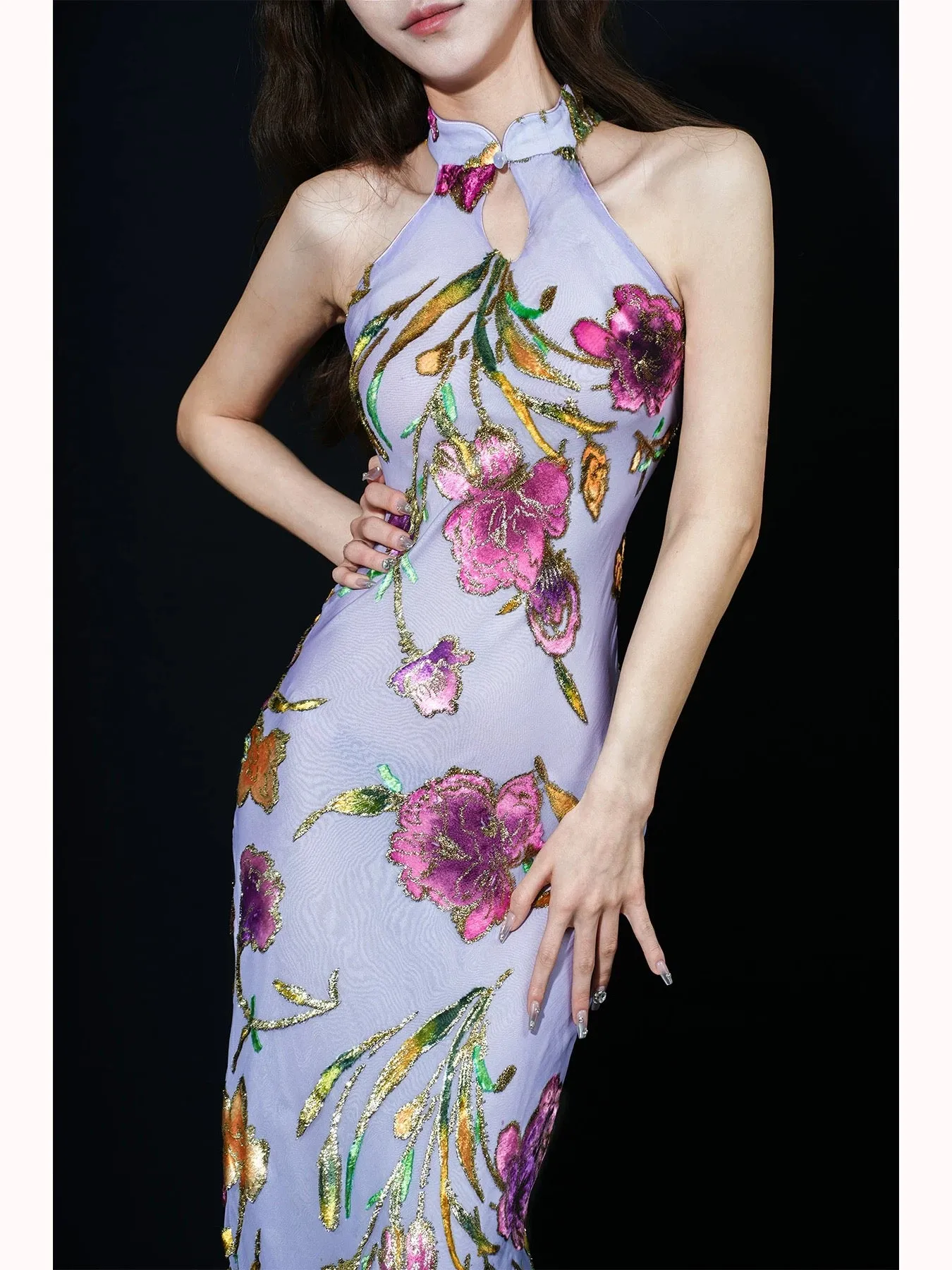 YuYue Hand-Painted Three-Dimensional Floral Silk Velvet Purple Vintage Bias-Cut Evening Dress