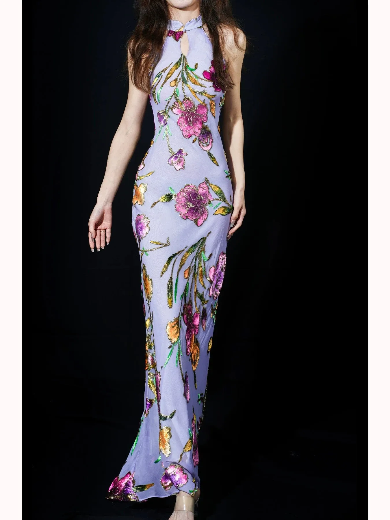 YuYue Hand-Painted Three-Dimensional Floral Silk Velvet Purple Vintage Bias-Cut Evening Dress